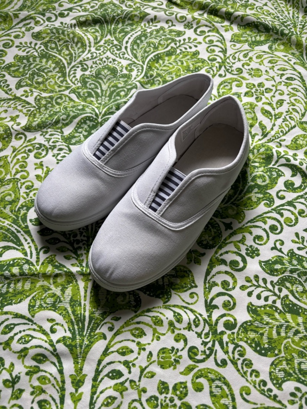 Amazon White Slip-On Canvas Flats with Navy Stripe Elastic
